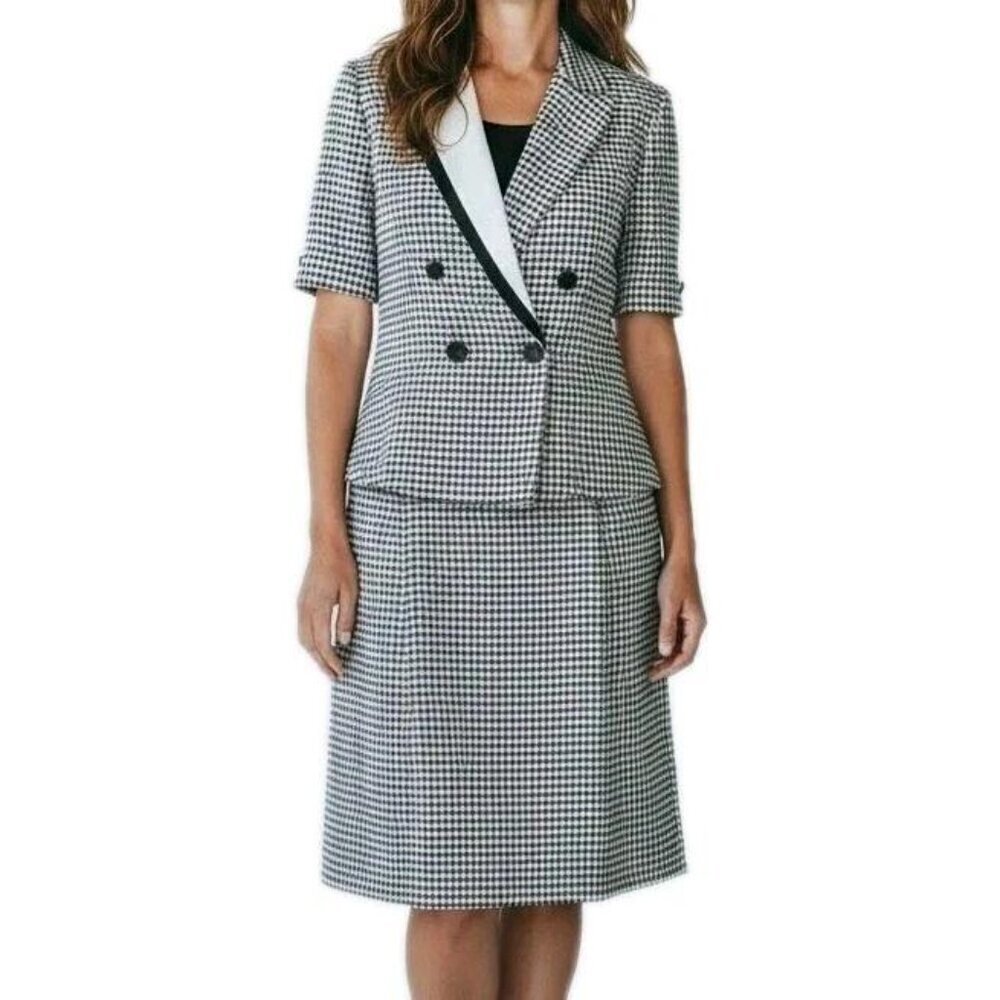 Kasper ASL Midi Skirt Suit 10 Black White Houndstooth Double Breasted Jabot